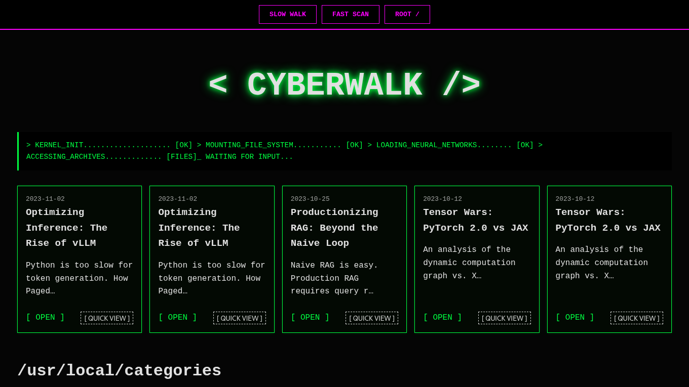 Dark mode screenshot of CyberWalk Zola theme demo website