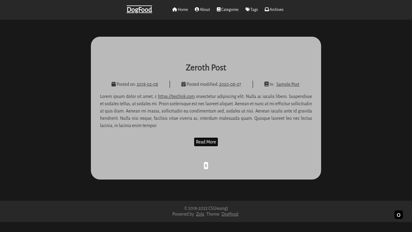 Dark mode screenshot of DogFood Zola theme demo website