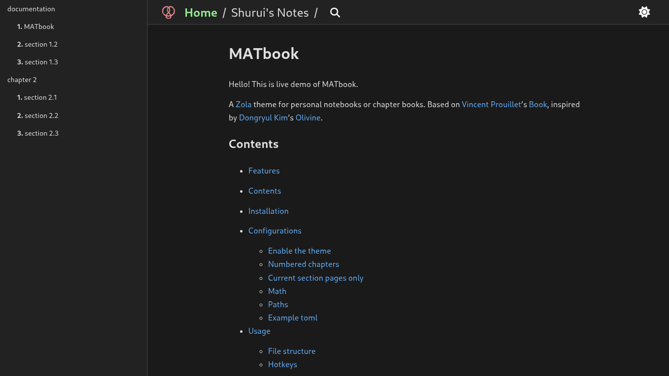 Dark mode screenshot of MATbook Zola theme demo website
