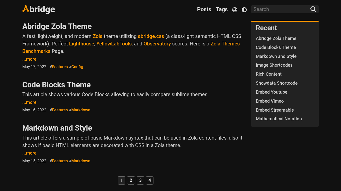 Dark mode screenshot of abridge Zola theme demo website