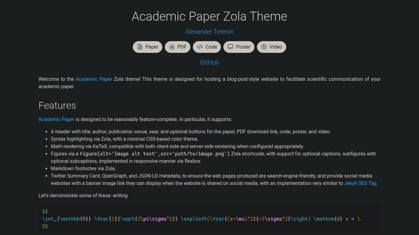 Dark mode screenshot of Academic Paper Zola theme demo website