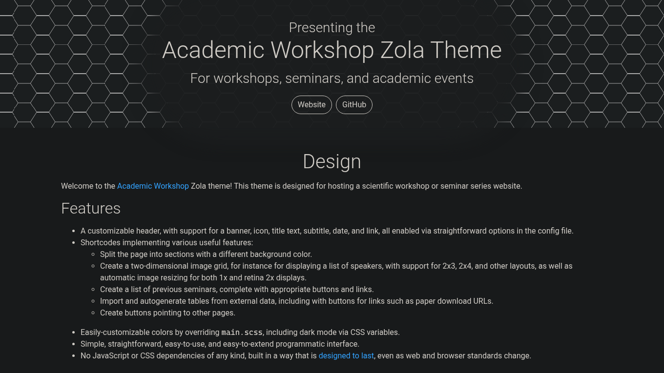 Dark mode screenshot of Academic Workshop Zola theme demo website