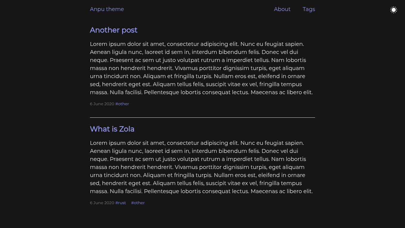 Dark mode screenshot of Anpu Zola theme demo website