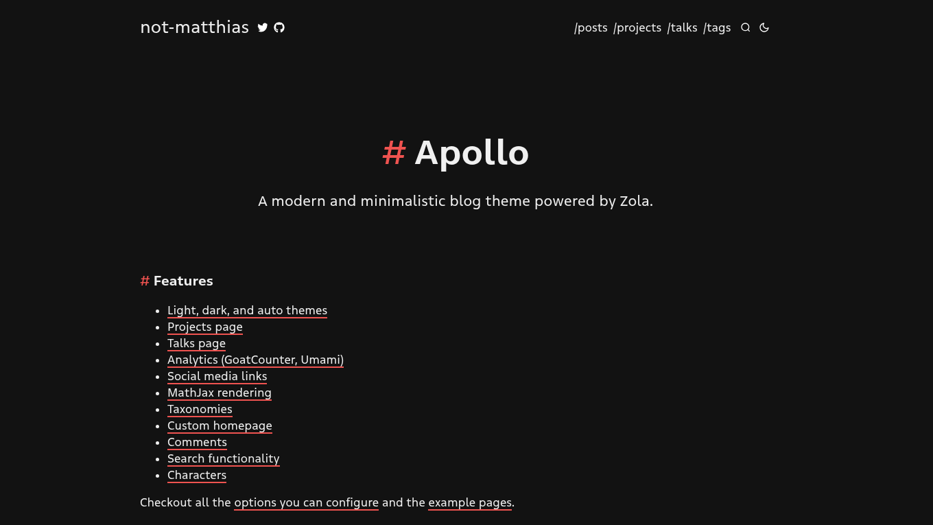 Dark mode screenshot of apollo Zola theme demo website