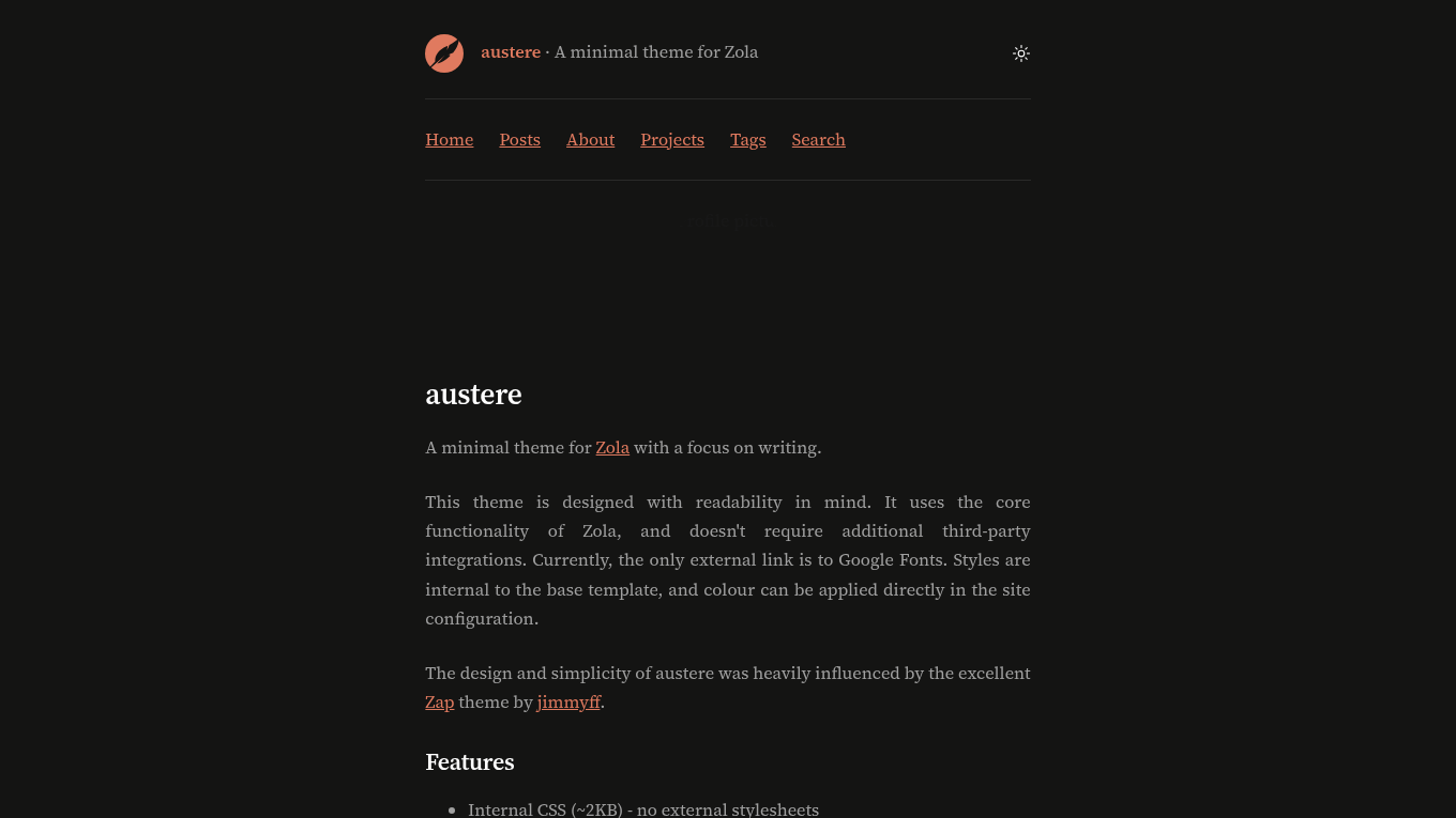 Dark mode screenshot of austere Zola theme demo website
