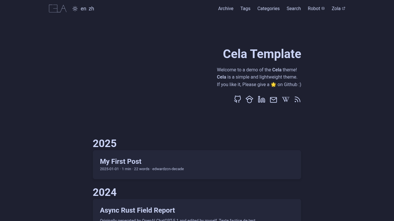 Dark mode screenshot of Cela Zola theme demo website