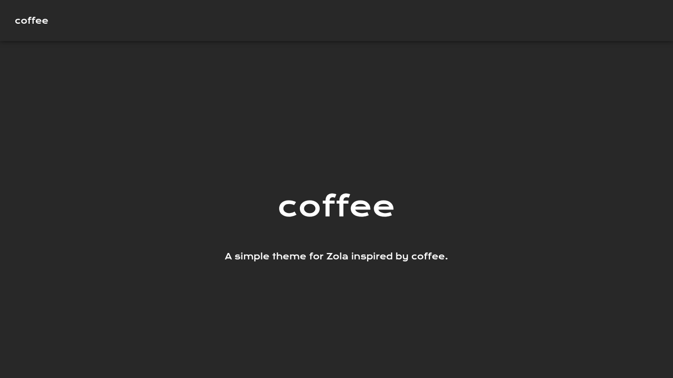 Dark mode screenshot of coffee Zola theme demo website
