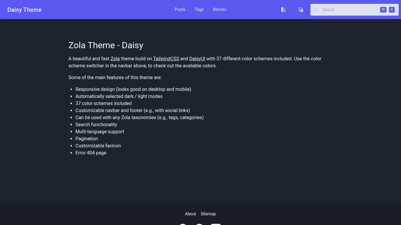 Dark mode screenshot of Daisy Zola theme demo website
