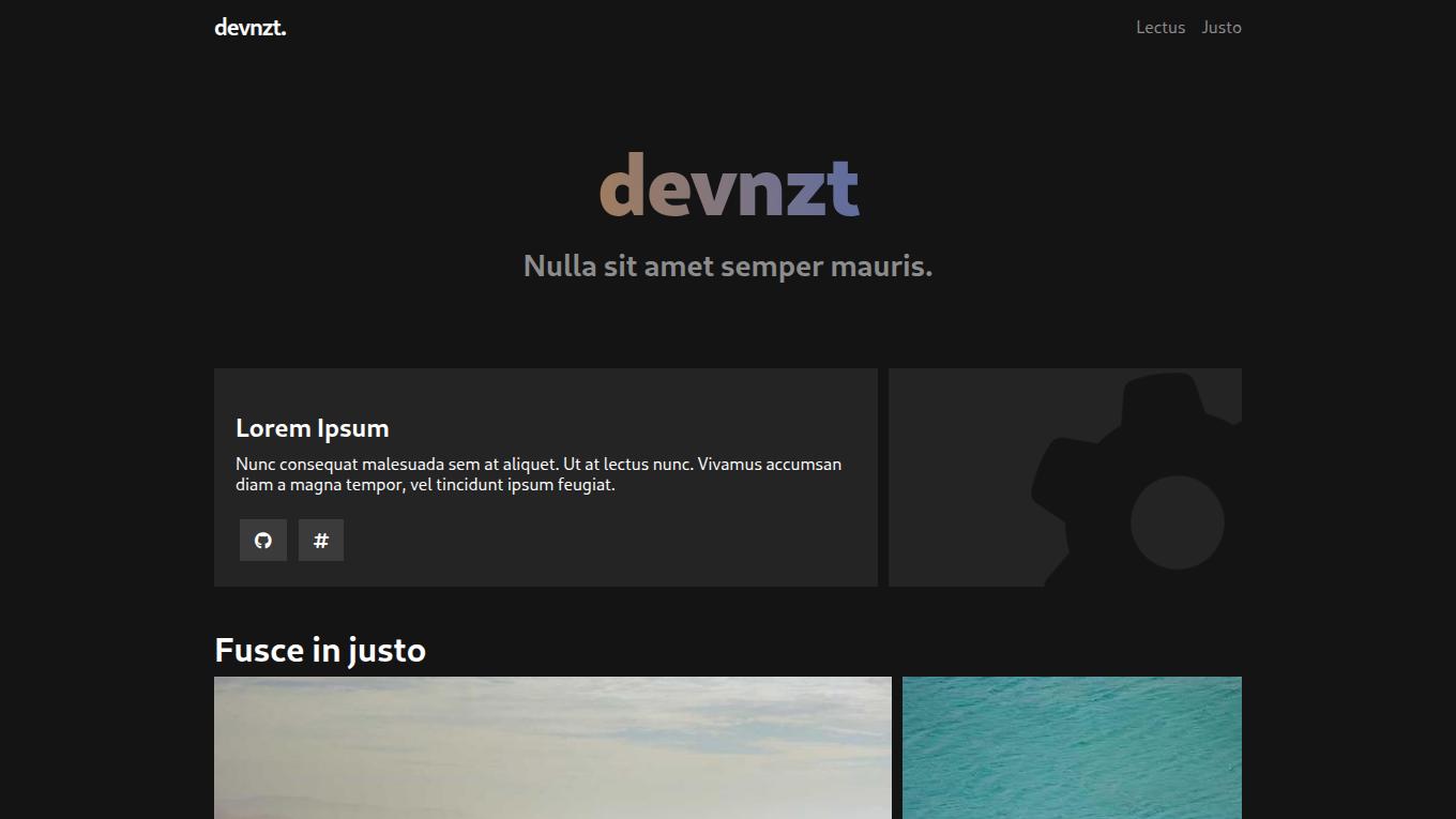 Dark mode screenshot of devnzt Zola theme demo website