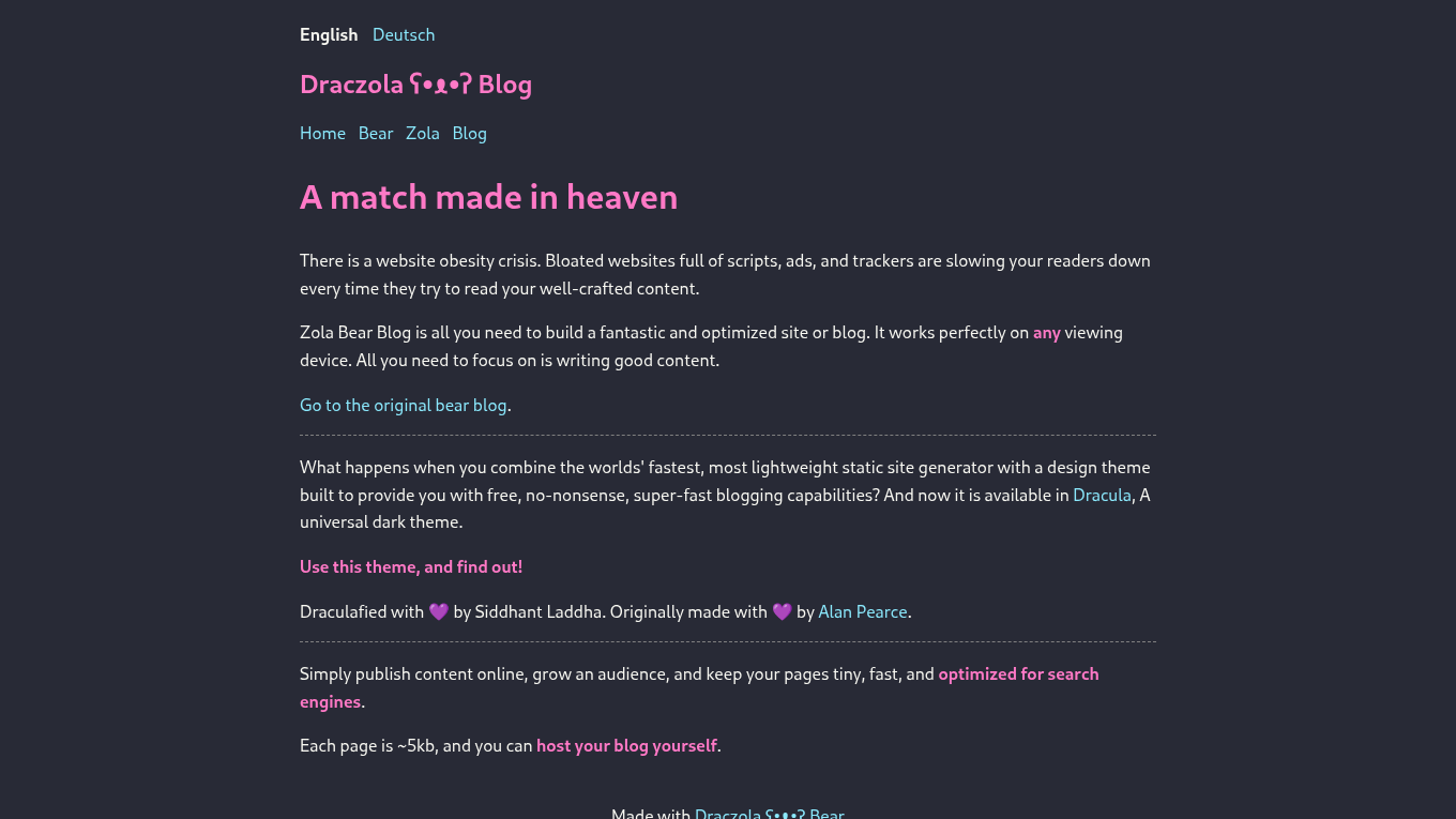 Dark mode screenshot of Draczola Bear Zola theme demo website