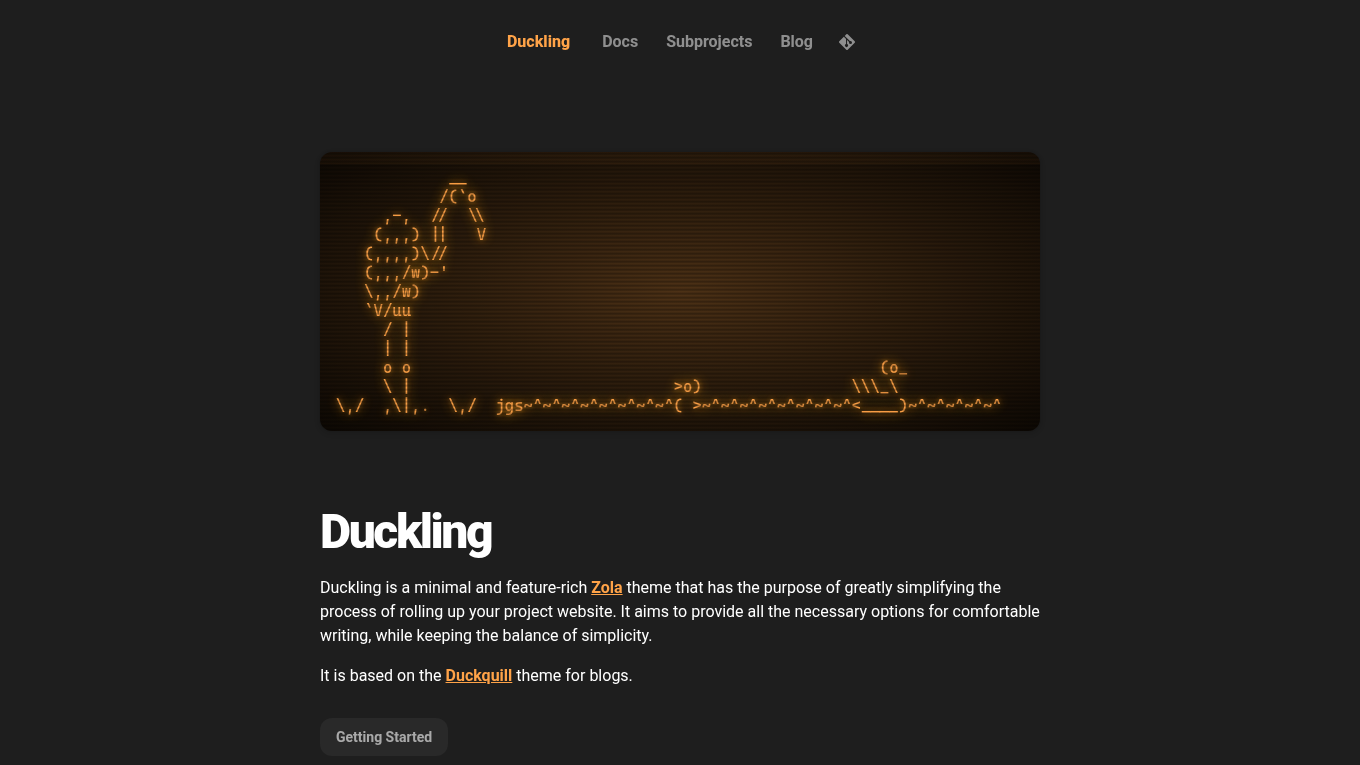 Dark mode screenshot of Duckling Zola theme demo website