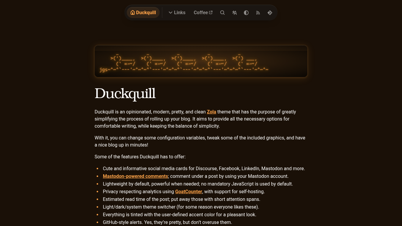 Dark mode screenshot of Duckquill Zola theme demo website