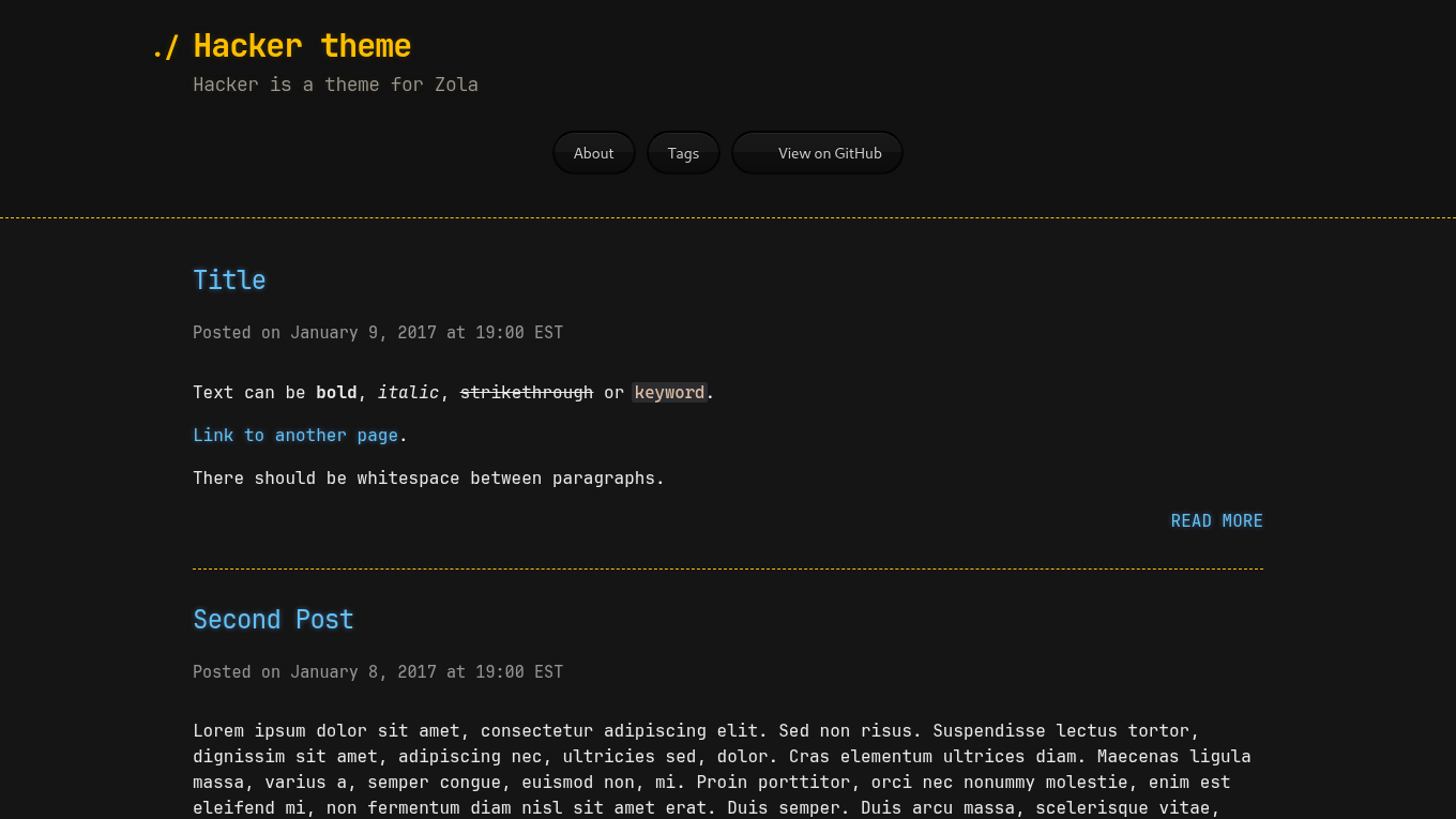 Dark mode screenshot of zola-hacker Zola theme demo website