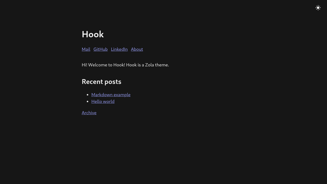 Dark mode screenshot of Hook Zola theme demo website