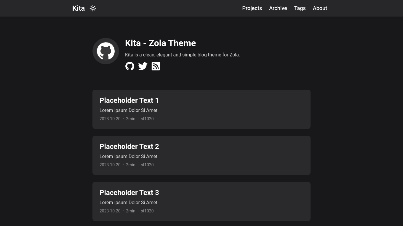 Dark mode screenshot of Kita Zola theme demo website