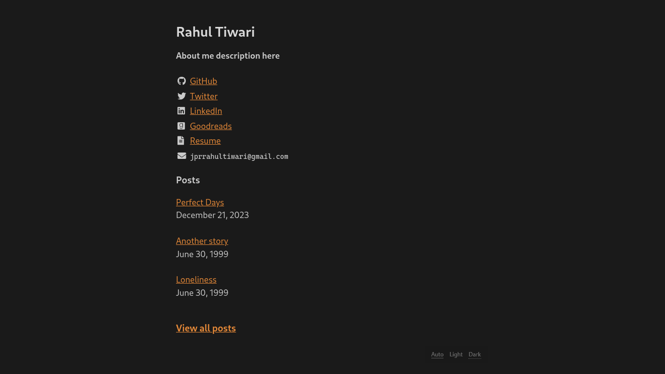 Dark mode screenshot of Lekhz Zola theme demo website