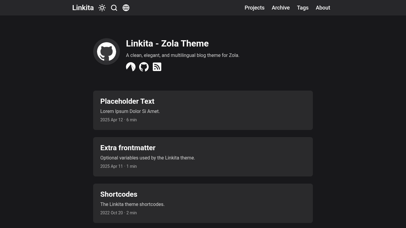 Dark mode screenshot of Linkita Zola theme demo website