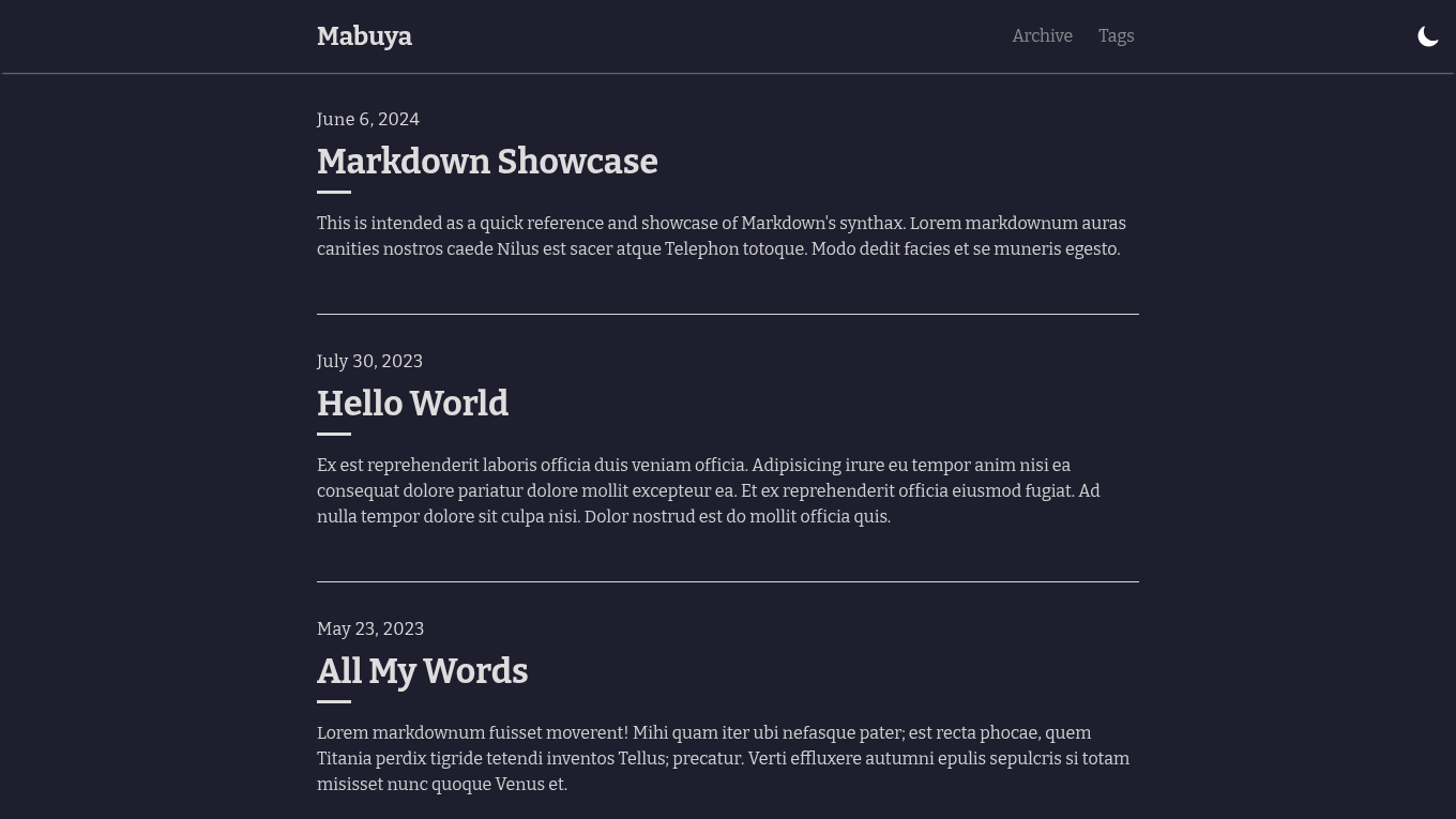 Dark mode screenshot of Mabuya Zola theme demo website
