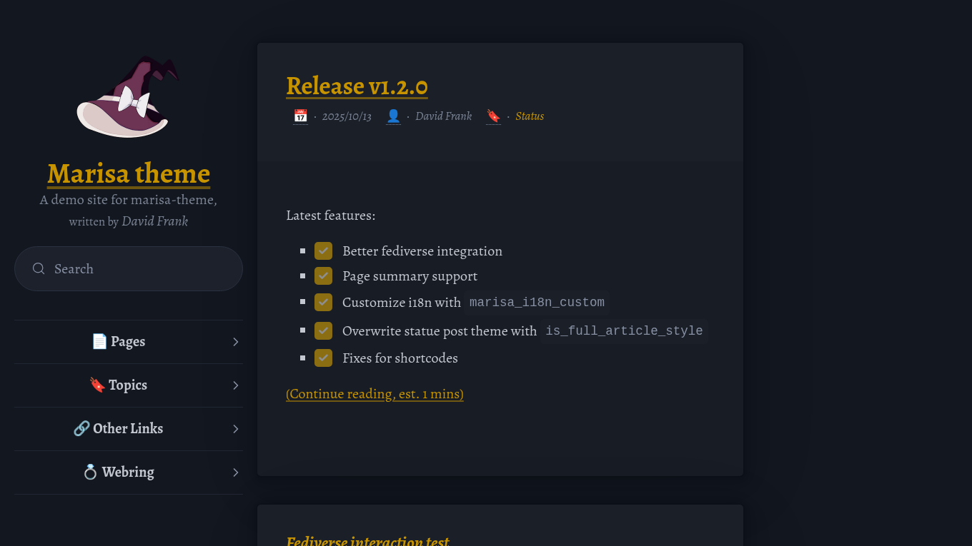 Dark mode screenshot of marisa-theme Zola theme demo website
