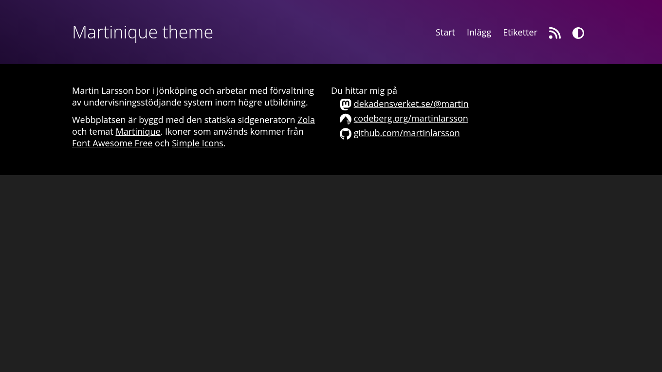 Dark mode screenshot of Martinique Zola theme demo website