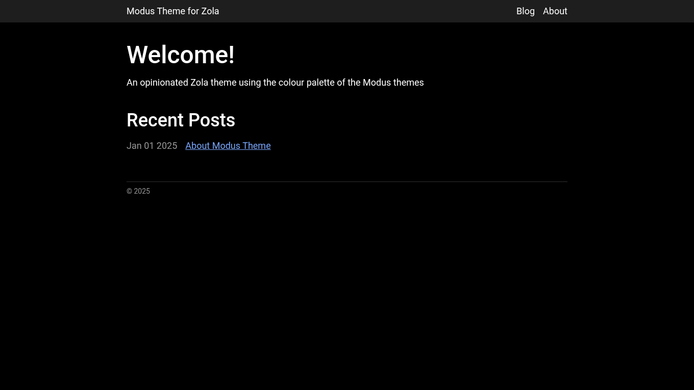Dark mode screenshot of modus Zola theme demo website