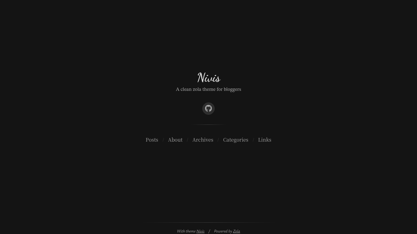 Dark mode screenshot of nivis Zola theme demo website