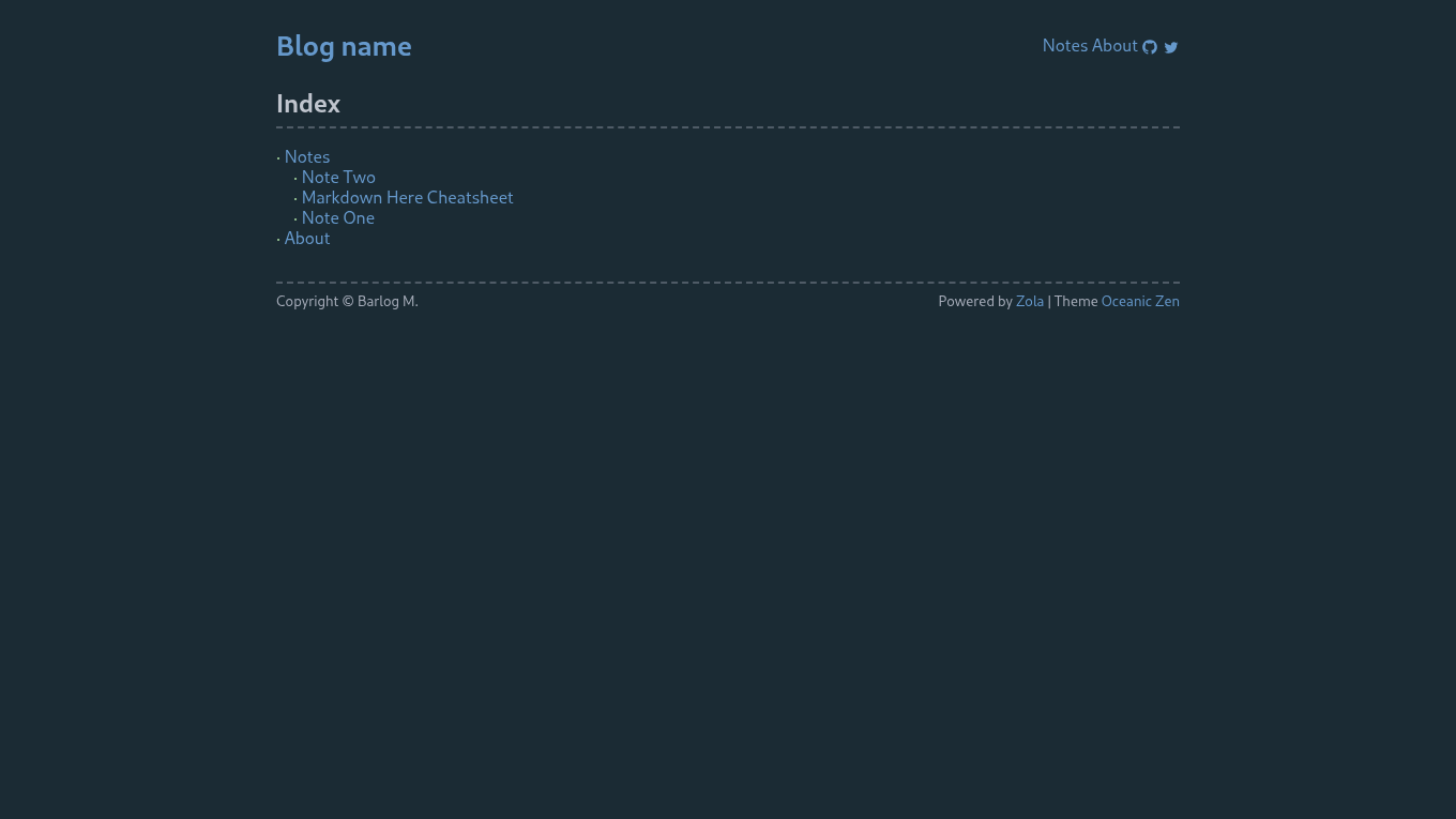 Dark mode screenshot of Oceanic Zen Zola theme demo website