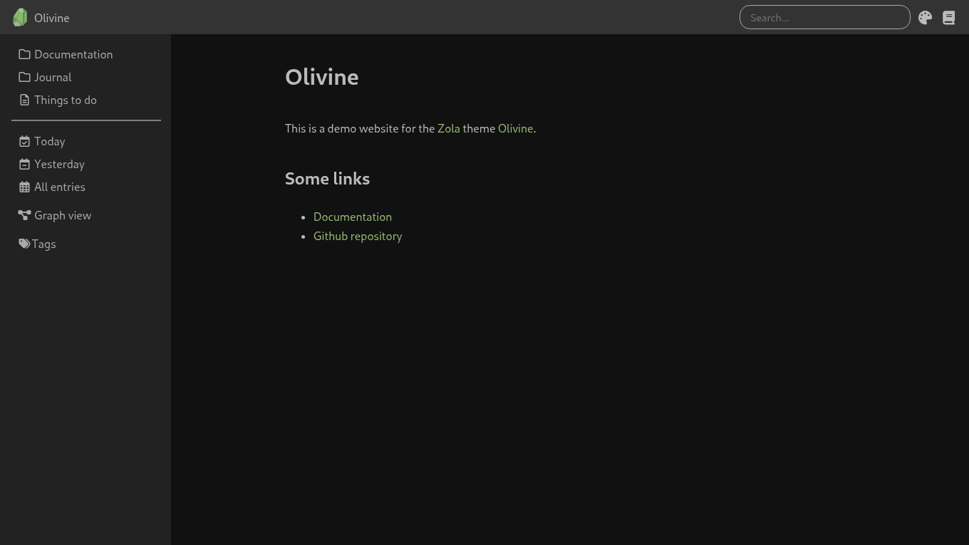 Dark mode screenshot of Olivine Zola theme demo website