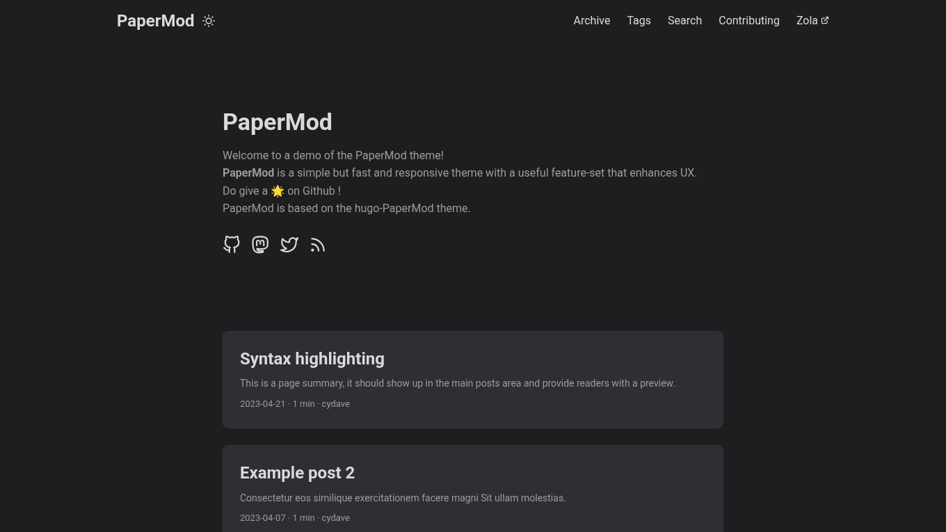 Dark mode screenshot of PaperMod Zola theme demo website