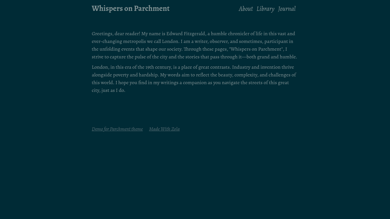 Dark mode screenshot of parchment Zola theme demo website