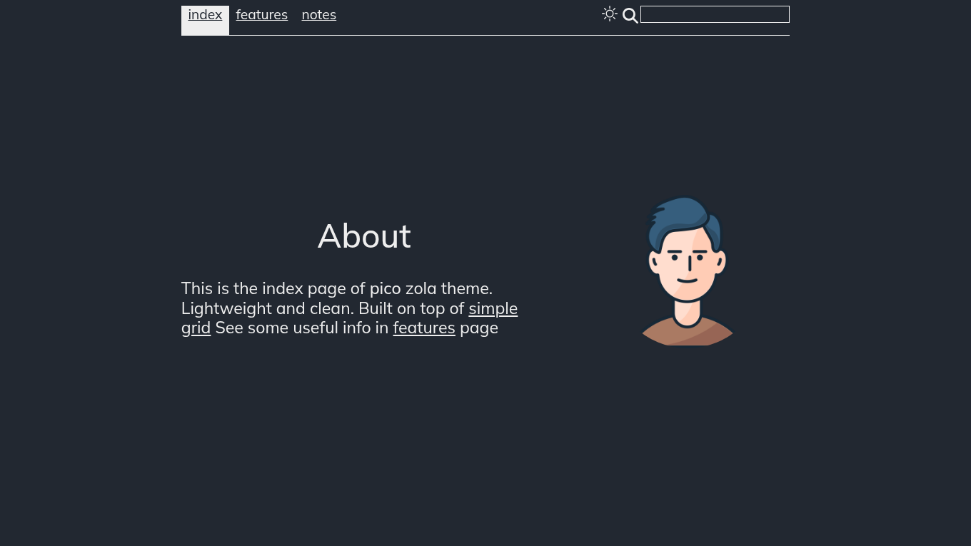 Dark mode screenshot of pico Zola theme demo website