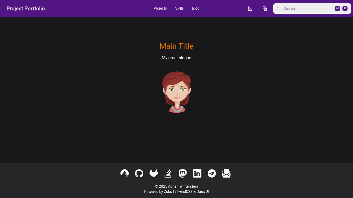 Dark mode screenshot of Project Portfolio Zola theme demo website