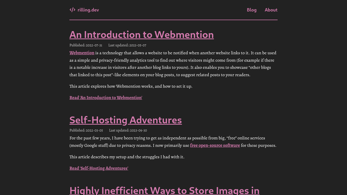 Dark mode screenshot of rilling_dev Zola theme demo website