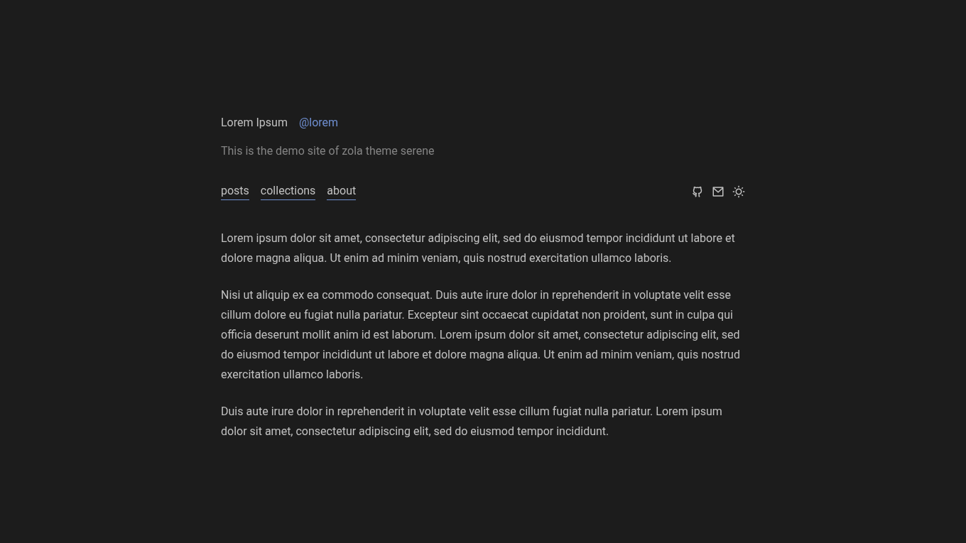 Dark mode screenshot of serene Zola theme demo website