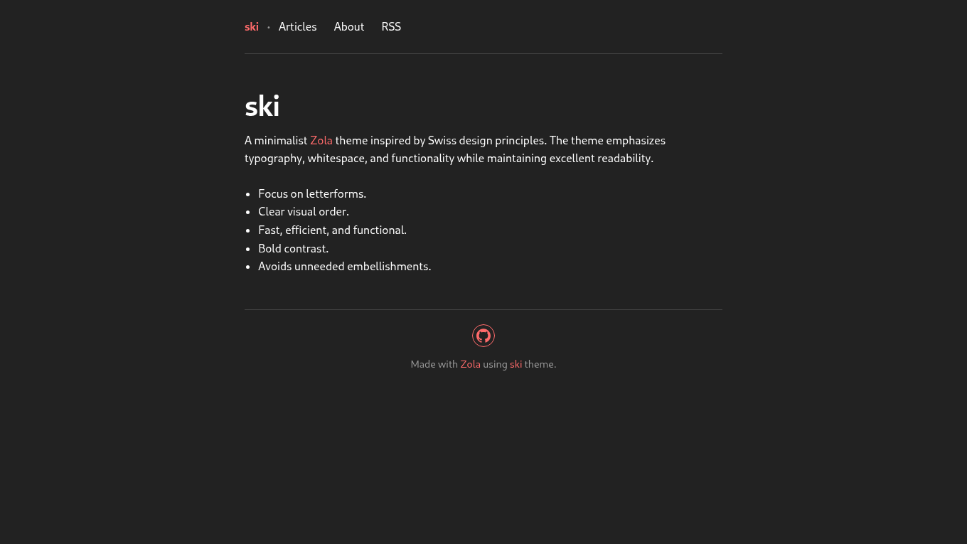 Dark mode screenshot of ski Zola theme demo website