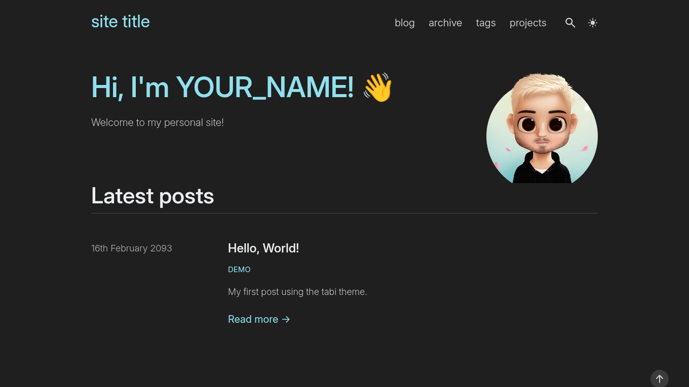 Dark mode screenshot of tabi Zola theme demo website