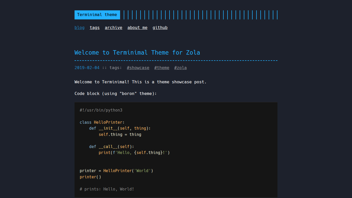 Dark mode screenshot of terminimal Zola theme demo website