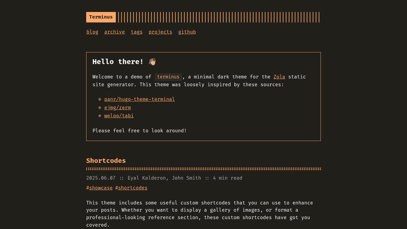 Dark mode screenshot of terminus Zola theme demo website