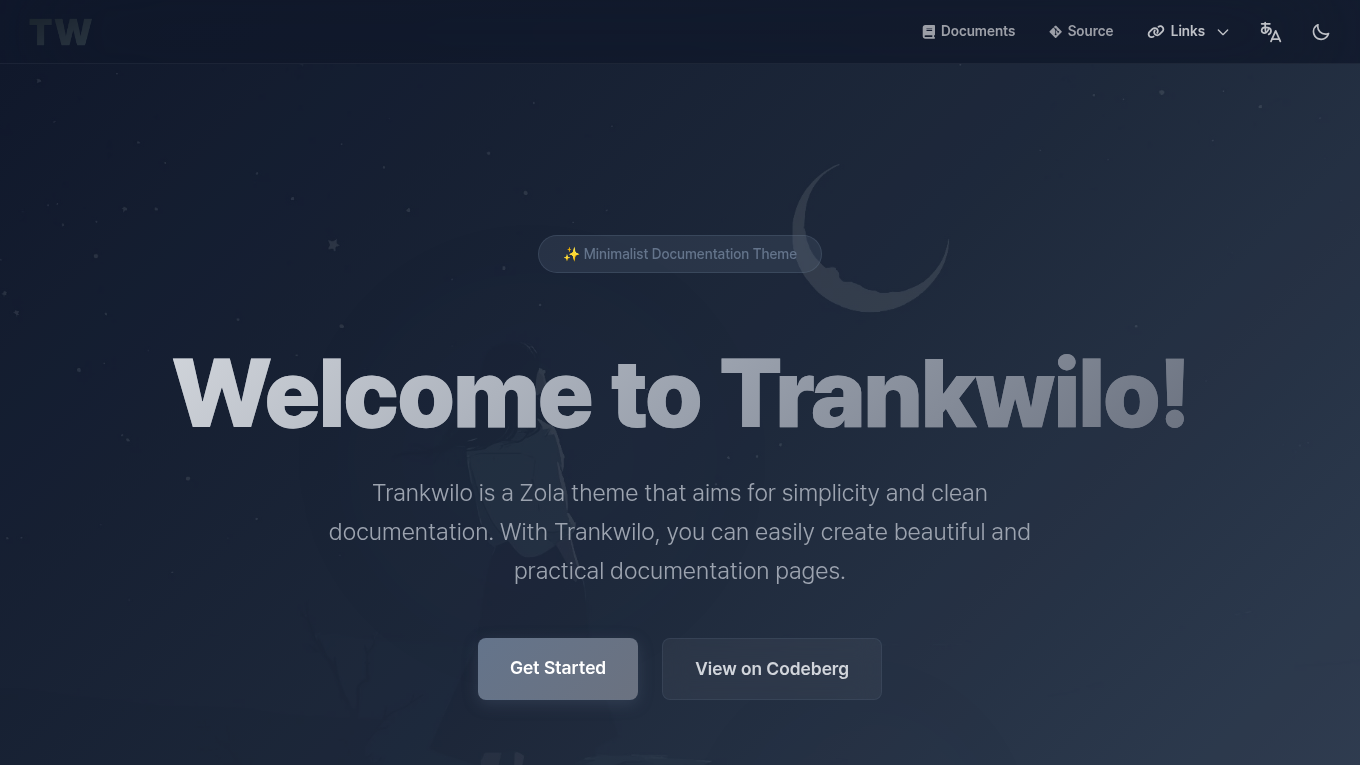 Dark mode screenshot of Trankwilo Zola theme demo website