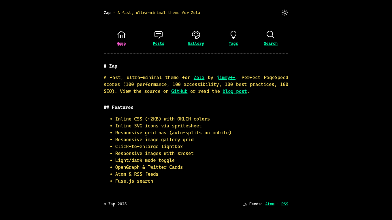 Dark mode screenshot of Zap Zola theme demo website