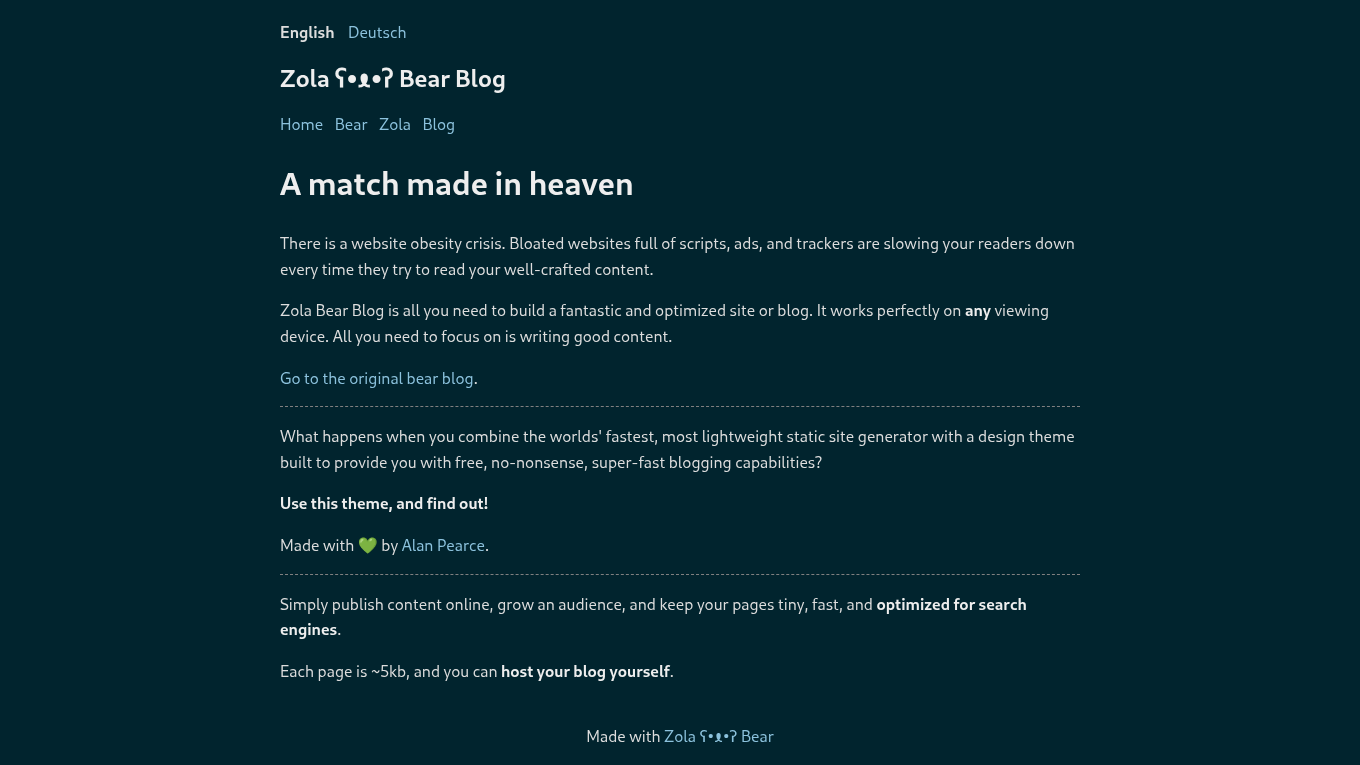 Dark mode screenshot of Bear Zola theme demo website