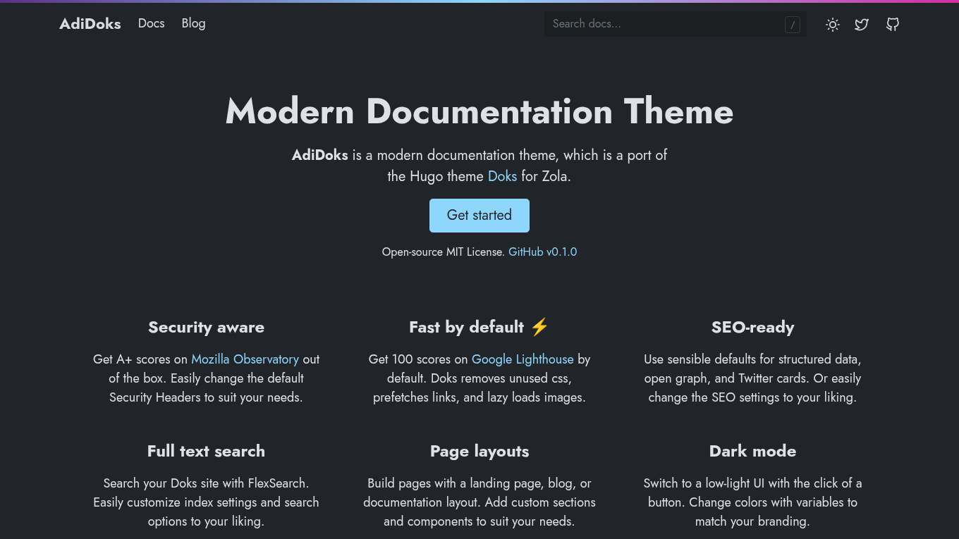 Dark mode screenshot of adidoks Zola theme demo website