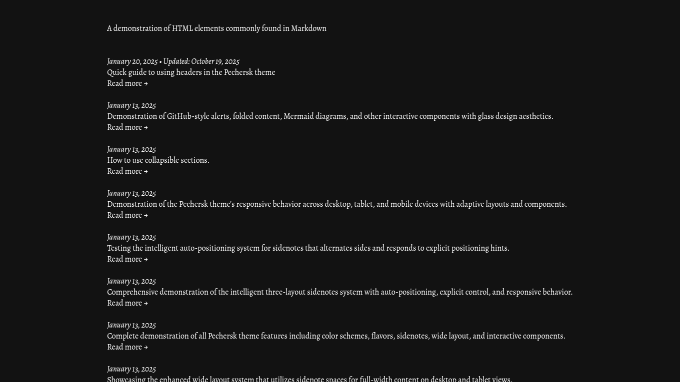 Dark mode screenshot of pechersk Zola theme demo website