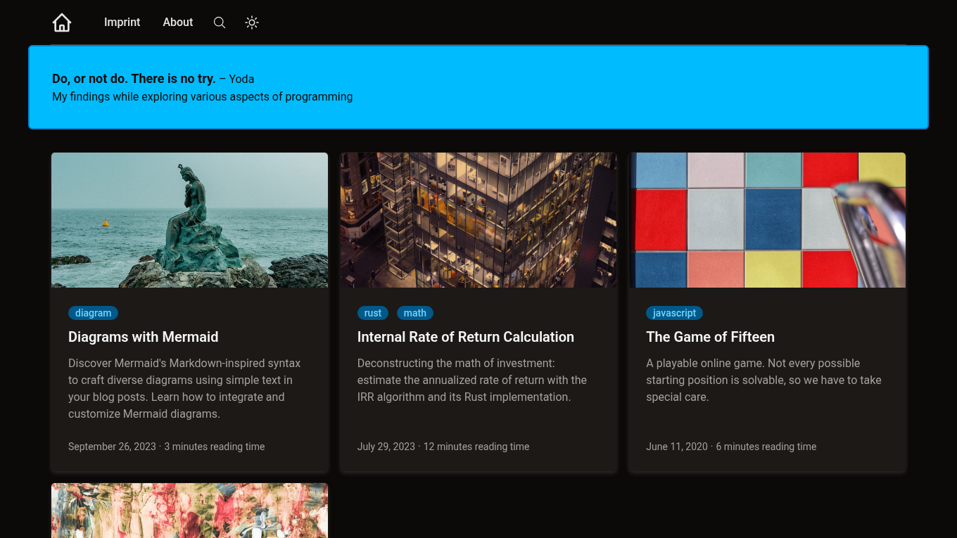 Dark mode screenshot of Zolarwind Zola theme demo website