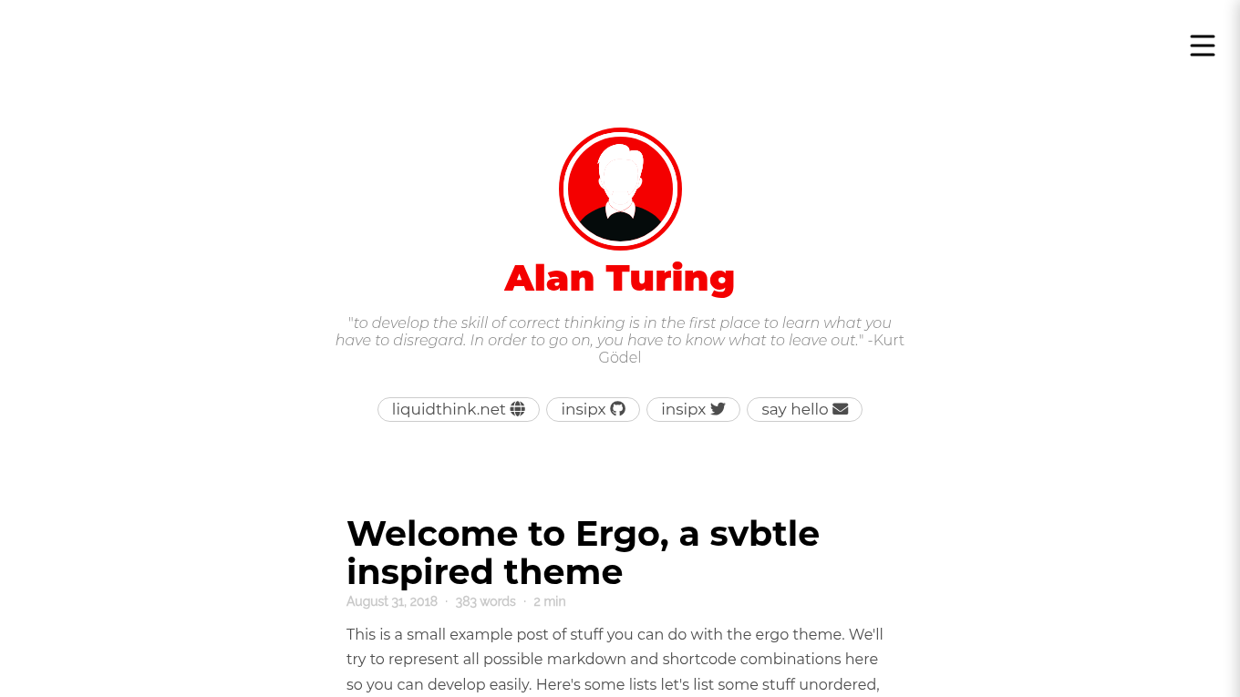 Light mode screenshot of Ergo Zola theme demo website