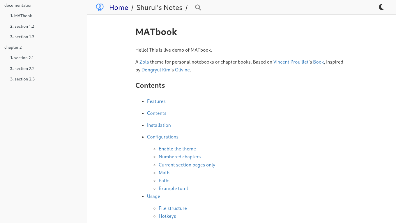 Light mode screenshot of MATbook Zola theme demo website