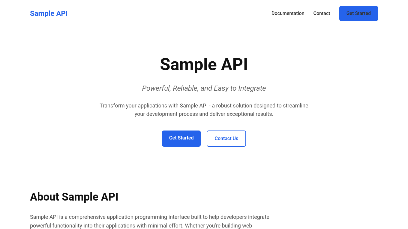 Light mode screenshot of OnePageAPI Zola theme demo website