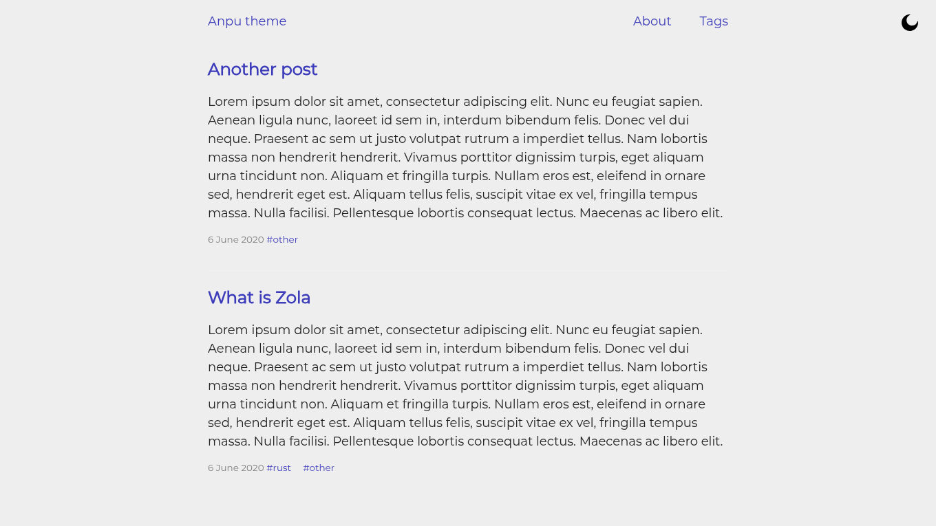 Light mode screenshot of Anpu Zola theme demo website