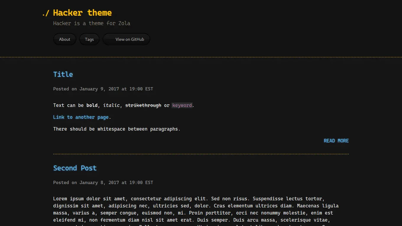 Screenshot of the zola-hacker theme