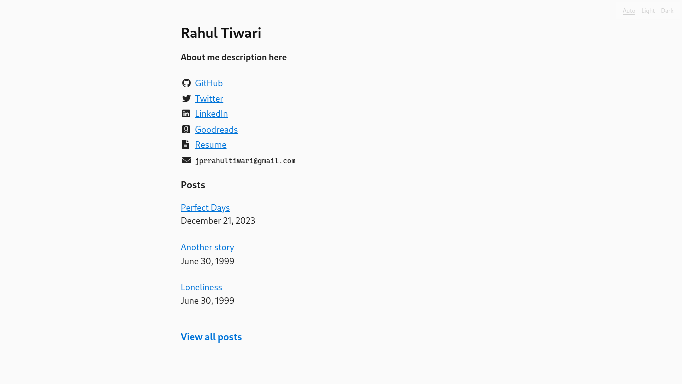 Light mode screenshot of Lekhz Zola theme demo website